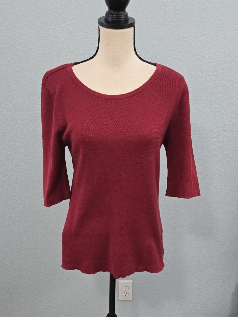PERUVIAN CONNECTION Ribbed Knit Top in Deep Berry 1/2 Sleeves 100% Cotton Sz XL